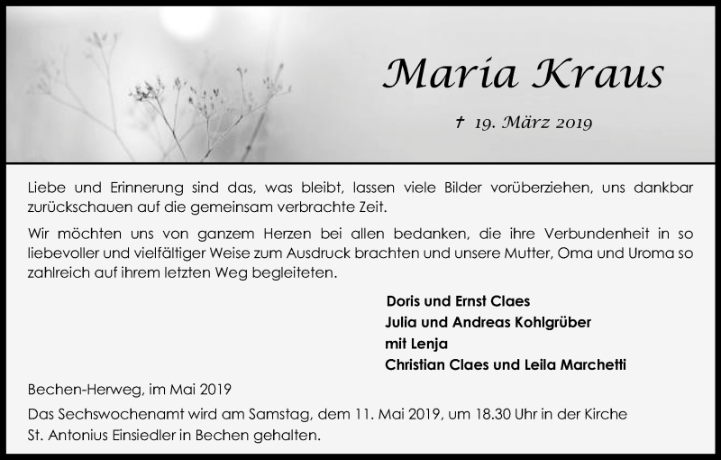  Traueranzeige für Maria Kraus vom 04.05.2019 aus Kölner Stadt-Anzeiger / Kölnische Rundschau / Express