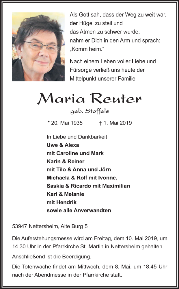  Traueranzeige für Maria Reuter vom 07.05.2019 aus Kölner Stadt-Anzeiger / Kölnische Rundschau / Express
