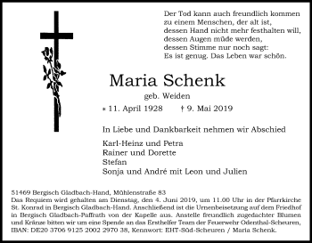 Anzeige von Maria Schenk von Kölner Stadt-Anzeiger / Kölnische Rundschau / Express