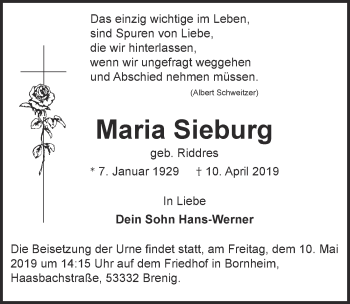 Anzeige von Maria Sieburg von  Schaufenster/Blickpunkt 