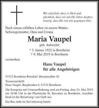 Anzeige von Maria Vaupel von  Schaufenster/Blickpunkt 