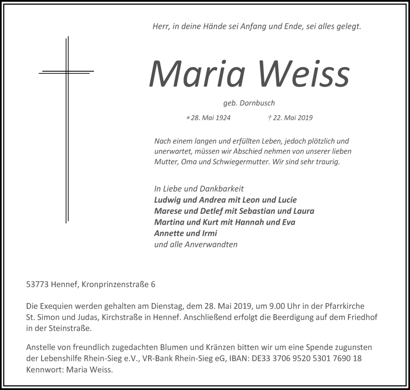  Traueranzeige für Maria Weiss vom 25.05.2019 aus Kölner Stadt-Anzeiger / Kölnische Rundschau / Express