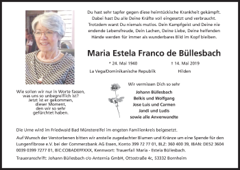 Anzeige von Maria Estela Franco de Büllesbach von Kölner Stadt-Anzeiger / Kölnische Rundschau / Express