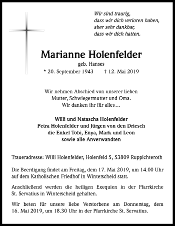 Anzeige von Marianne Holenfelder von Kölner Stadt-Anzeiger / Kölnische Rundschau / Express