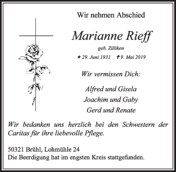 Anzeige von Marianne Rieff von  Schlossbote/Werbekurier 