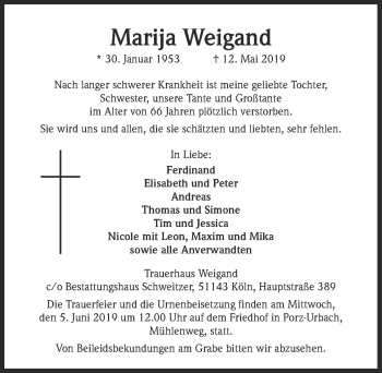 Anzeige von Marija Weigand von  Kölner Wochenspiegel 