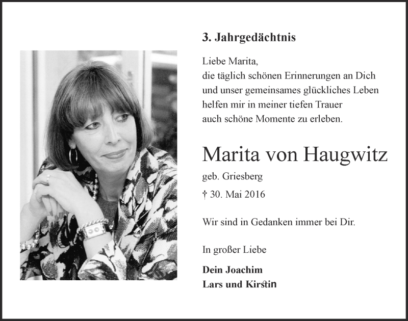  Traueranzeige für Marita von Haugwitz vom 29.05.2019 aus  Kölner Wochenspiegel 