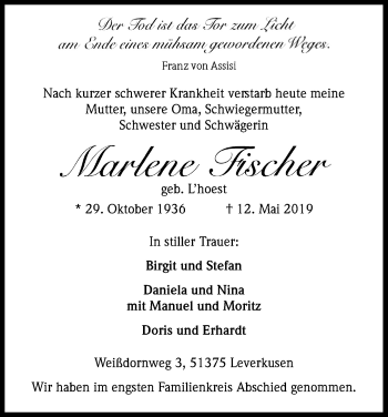 Anzeige von Marlene Fischer von Kölner Stadt-Anzeiger / Kölnische Rundschau / Express