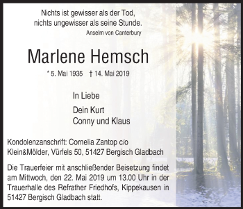 Anzeige von Marlene Hemsch von Kölner Stadt-Anzeiger / Kölnische Rundschau / Express