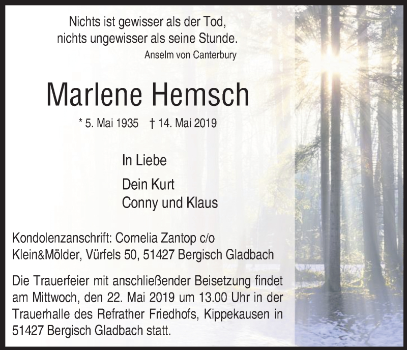  Traueranzeige für Marlene Hemsch vom 17.05.2019 aus Kölner Stadt-Anzeiger / Kölnische Rundschau / Express