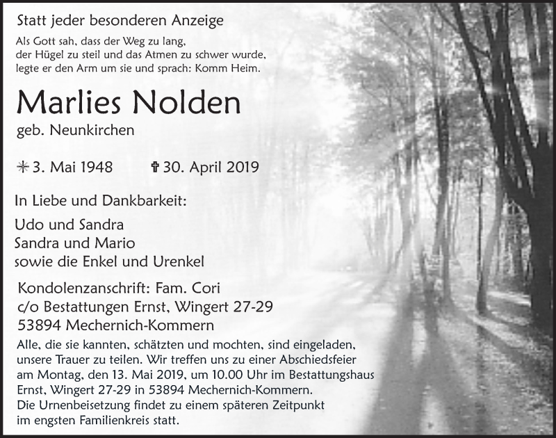  Traueranzeige für Marlies Nolden vom 04.05.2019 aus  Blickpunkt Euskirchen 