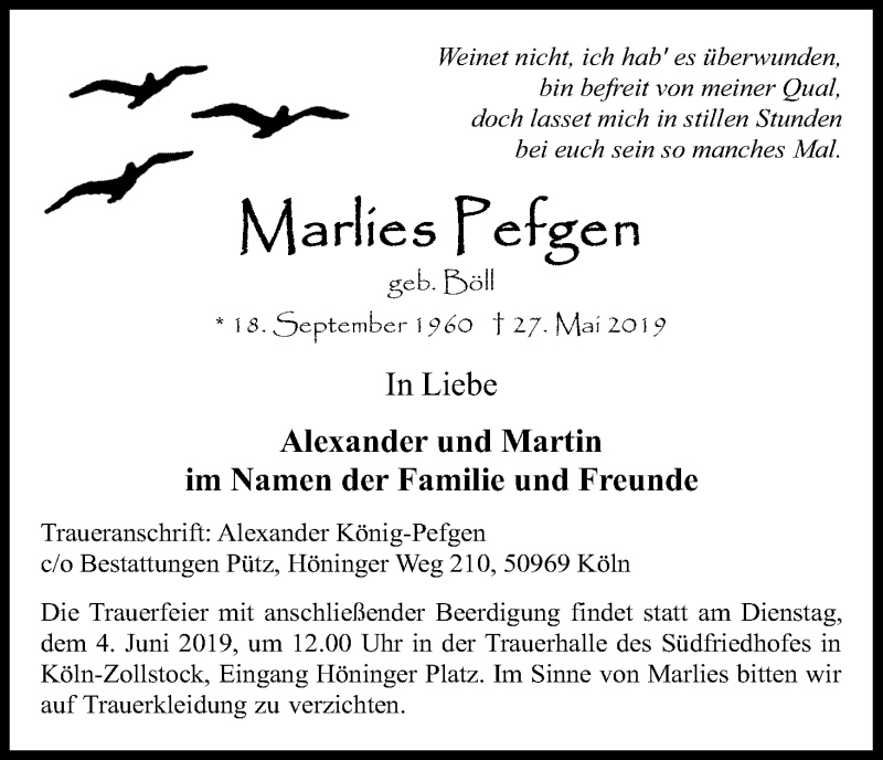  Traueranzeige für Marlies Pefgen vom 01.06.2019 aus Kölner Stadt-Anzeiger / Kölnische Rundschau / Express