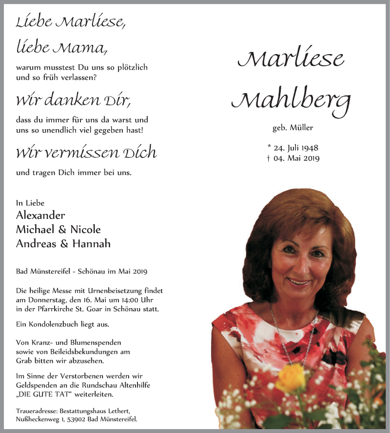  Traueranzeige für Marliese Mahlberg vom 11.05.2019 aus  Sonntags-Post 