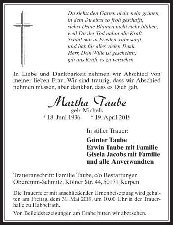 Anzeige von Martha Taube von  Wochenende  Werbepost 