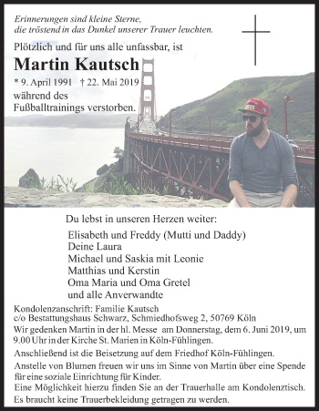 Anzeige von Martin Kautsch von Kölner Stadt-Anzeiger / Kölnische Rundschau / Express