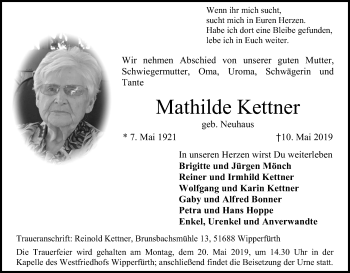 Anzeige von Mathilde Kettner von Kölner Stadt-Anzeiger / Kölnische Rundschau / Express