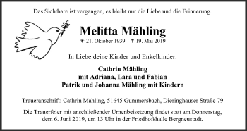 Anzeige von Melitta Mähling von Kölner Stadt-Anzeiger / Kölnische Rundschau / Express