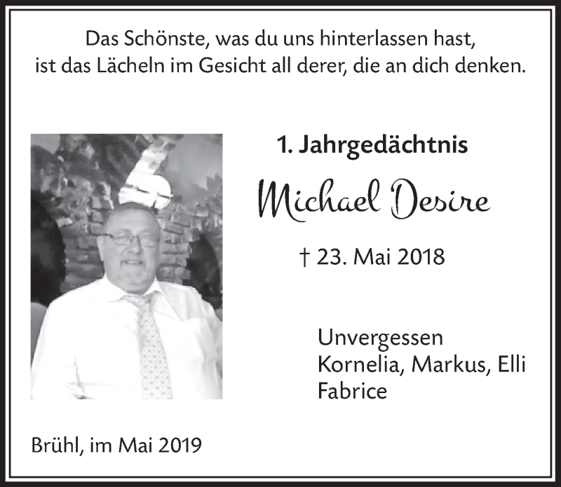  Traueranzeige für Michael Desire vom 22.05.2019 aus  Schlossbote/Werbekurier 