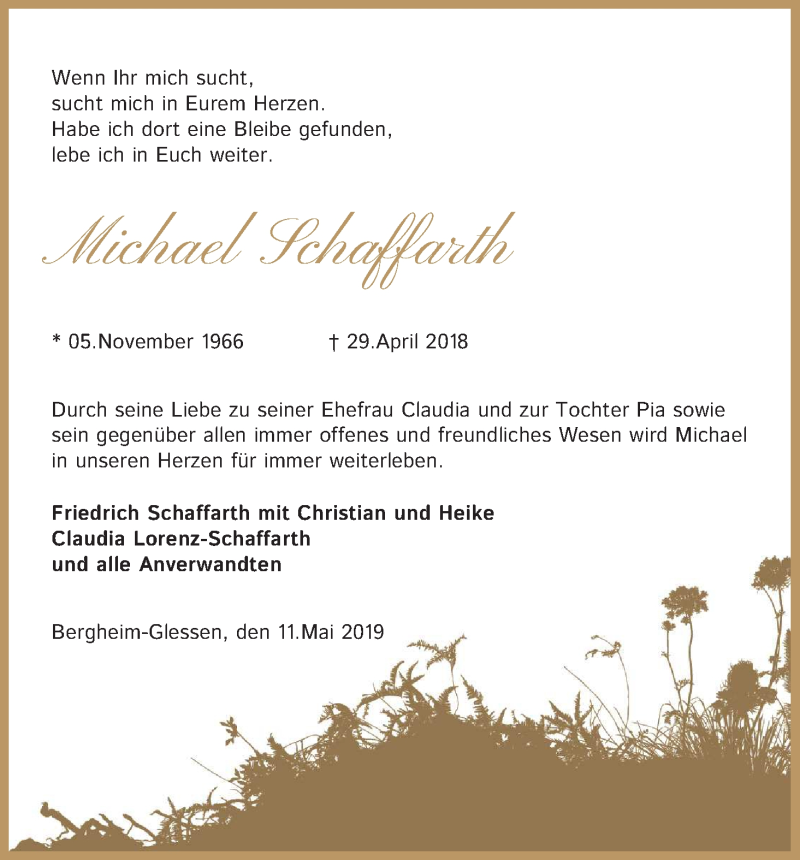  Traueranzeige für Michael Schaffarth vom 11.05.2019 aus Kölner Stadt-Anzeiger / Kölnische Rundschau / Express