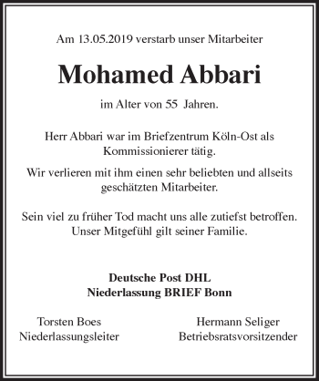 Anzeige von Mohamed Abbari von  Kölner Wochenspiegel 