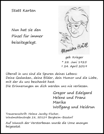 Anzeige von Monika Hüll von Kölner Stadt-Anzeiger / Kölnische Rundschau / Express