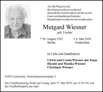 Anzeige von Mutgard Wiesner von  Blickpunkt Euskirchen 