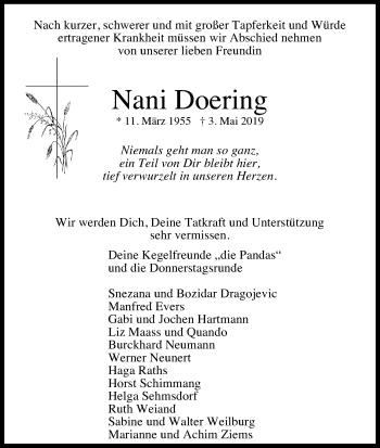 Anzeige von Nani Doering von Kölner Stadt-Anzeiger / Kölnische Rundschau / Express