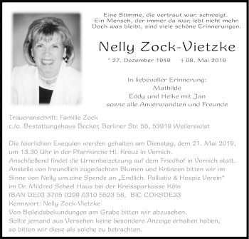 Anzeige von Nelly Zock-Vietzke von Kölner Stadt-Anzeiger / Kölnische Rundschau / Express