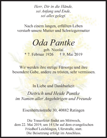 Anzeige von Oda Pantke von Kölner Stadt-Anzeiger / Kölnische Rundschau / Express