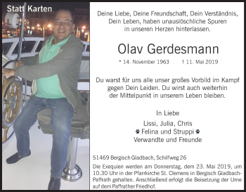 Anzeige von Olav Gerdesmann von Kölner Stadt-Anzeiger / Kölnische Rundschau / Express