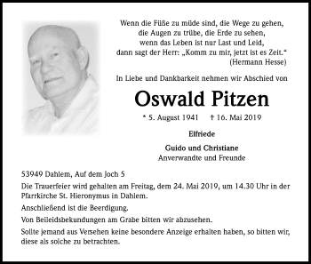 Anzeige von Oswald Pitzen von Kölner Stadt-Anzeiger / Kölnische Rundschau / Express
