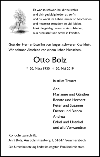 Anzeige von Otto Bolz von  Anzeigen Echo 