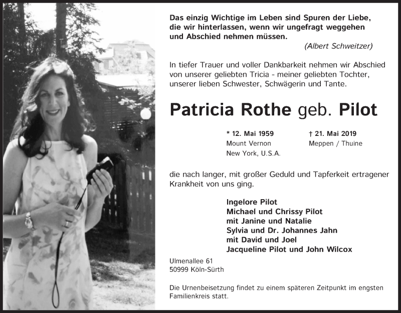  Traueranzeige für Patricia Rothe vom 01.06.2019 aus Kölner Stadt-Anzeiger / Kölnische Rundschau / Express