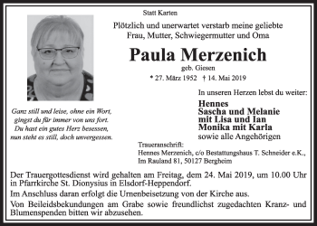 Anzeige von Paula Merzenich von  Sonntags-Post 