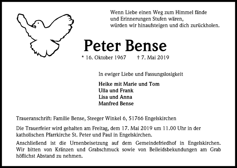  Traueranzeige für Peter Bense vom 14.05.2019 aus Kölner Stadt-Anzeiger / Kölnische Rundschau / Express