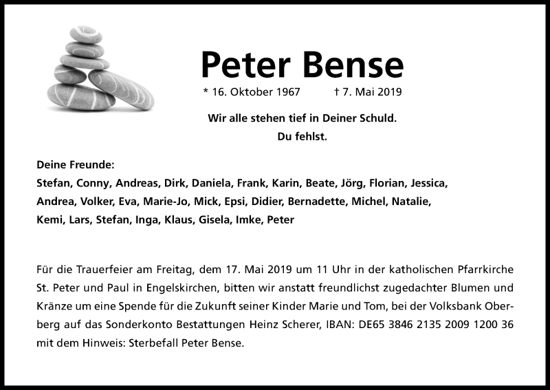  Traueranzeige für Peter Bense vom 14.05.2019 aus Kölner Stadt-Anzeiger / Kölnische Rundschau / Express