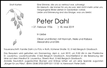 Anzeige von Peter Dahl von Kölner Stadt-Anzeiger / Kölnische Rundschau / Express