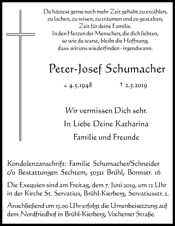 Anzeige von Peter-Josef Schumacher von Kölner Stadt-Anzeiger / Kölnische Rundschau / Express