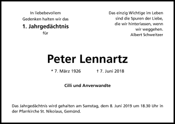 Anzeige von Peter Lennartz von Kölner Stadt-Anzeiger / Kölnische Rundschau / Express