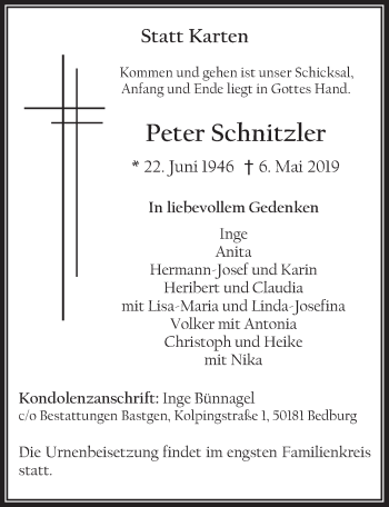 Anzeige von Peter Schnitzler von  Werbepost 