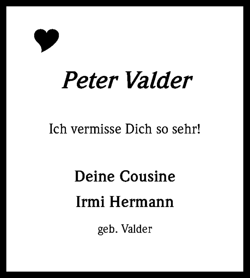  Traueranzeige für Peter Valder vom 04.05.2019 aus Kölner Stadt-Anzeiger / Kölnische Rundschau / Express