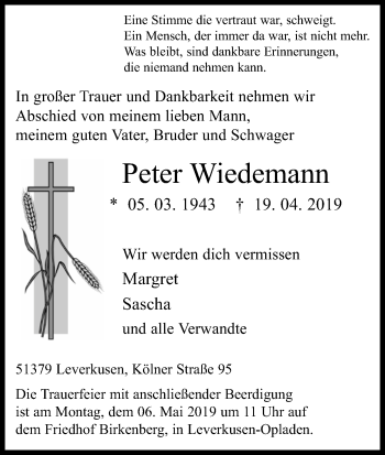 Anzeige von Peter Wiedemann von Kölner Stadt-Anzeiger / Kölnische Rundschau / Express