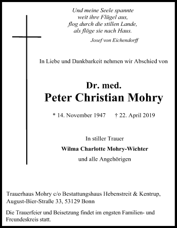 Anzeige von Peter Christian Mohry von Kölner Stadt-Anzeiger / Kölnische Rundschau / Express