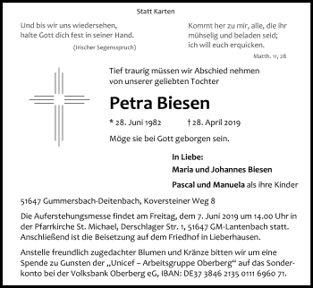 Anzeige von Petra Biesen von Kölner Stadt-Anzeiger / Kölnische Rundschau / Express
