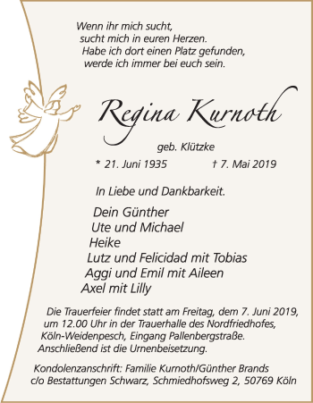 Anzeige von Regina Kurnoth von Kölner Stadt-Anzeiger / Kölnische Rundschau / Express