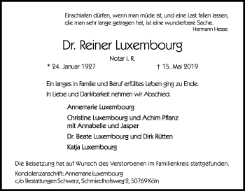 Anzeige von Reiner Luxembourg von Kölner Stadt-Anzeiger / Kölnische Rundschau / Express