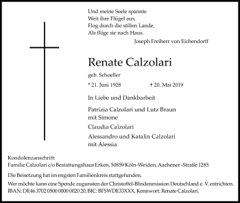 Anzeige von Renate Calzolari von Kölner Stadt-Anzeiger / Kölnische Rundschau / Express