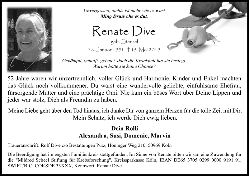  Traueranzeige für Renate Dive vom 25.05.2019 aus Kölner Stadt-Anzeiger / Kölnische Rundschau / Express