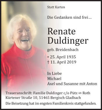 Anzeige von Renate Duldinger von Kölner Stadt-Anzeiger / Kölnische Rundschau / Express