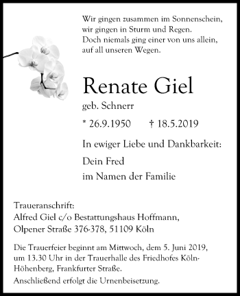 Anzeige von Renate Giel von Kölner Stadt-Anzeiger / Kölnische Rundschau / Express
